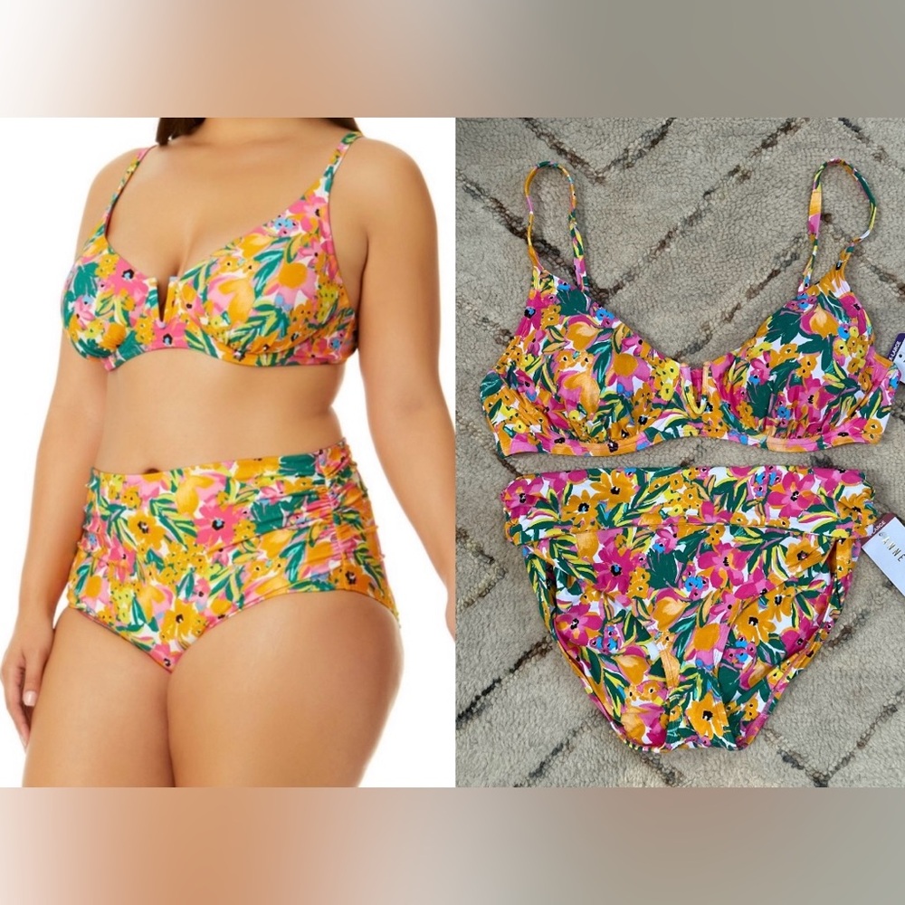 NWT Anne Cole LTD Edition Floral V wire Bikini Top Convertible High Waist Swim